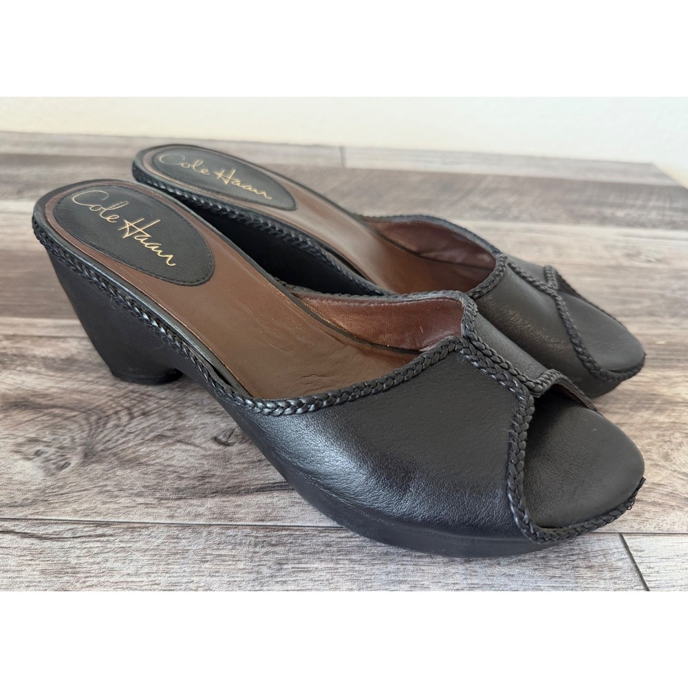 Cole Haan Air Lia Wedge Clogs Mules 8B Black Leather Peep Toe Braided Trim